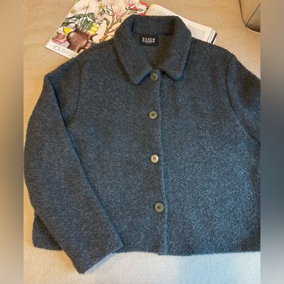 Eileen Fisher Wool Blend Bouclé Cropped Blazer In Teal Size M - Picture 4 of 10